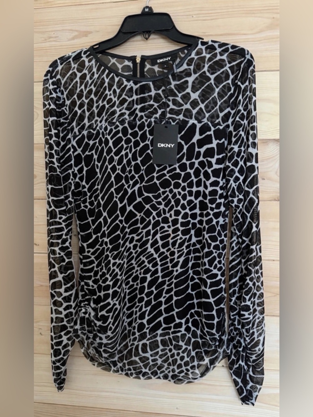 DKNY Black and Gray Animal-Print Long Sleeve Top